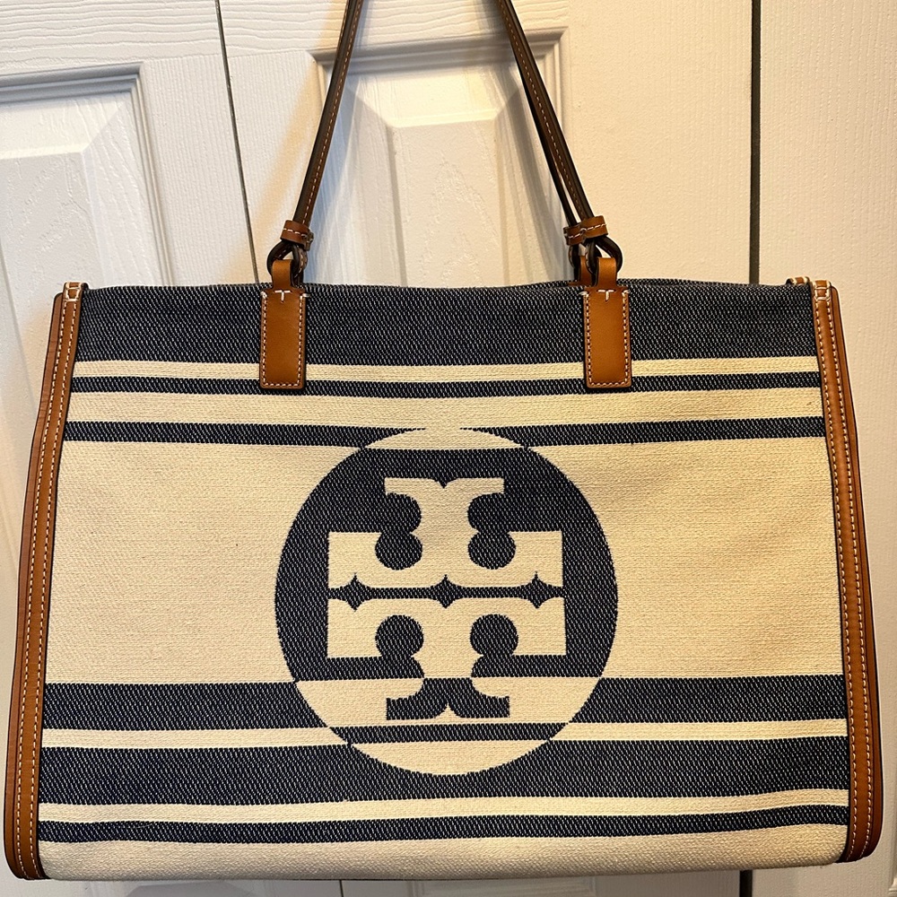 Tory Burch Ella Jacquard Stripe Tote in navy and cream